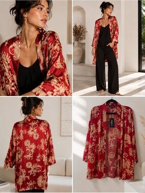 Escalier Red & Gold Dragon Satin Kimono Jacket – Size Medium